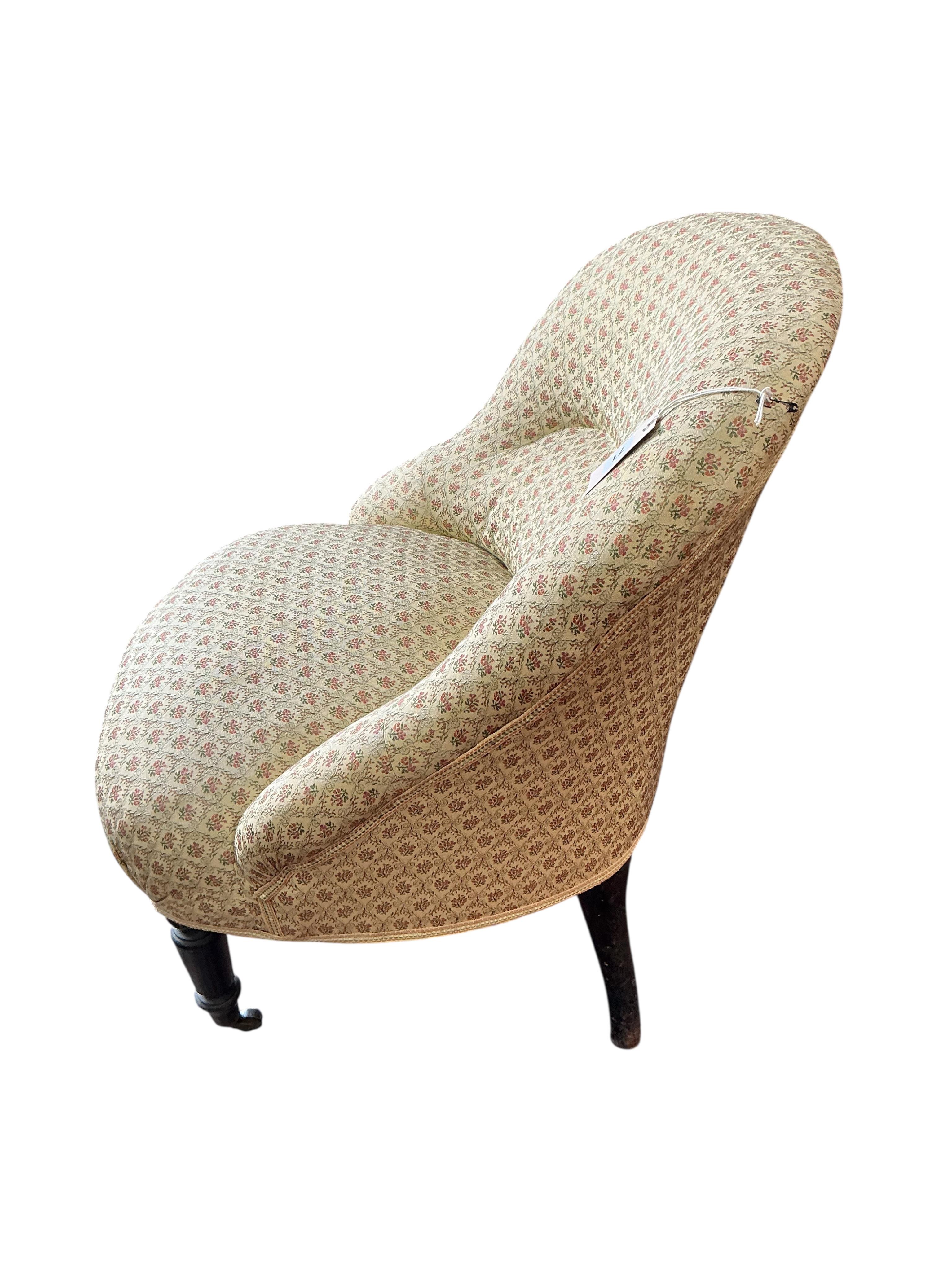 A pair of 19th century French upholstered spoon back chairs, width 60cm, depth 56cm, height 74cm
